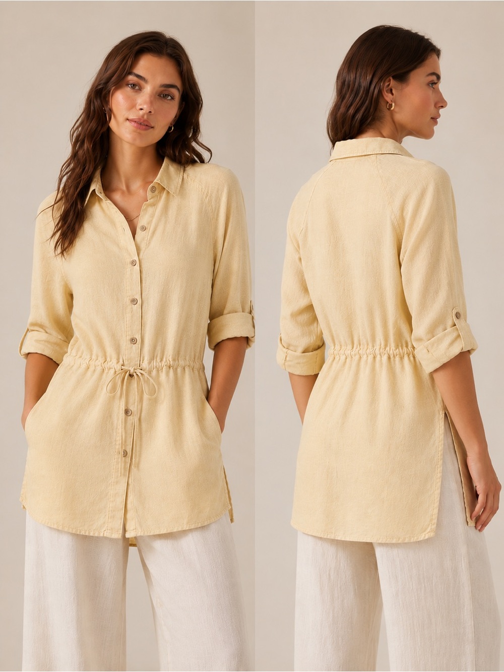 100% Linen Drawstring Waist‎ Tunic Shirt –Split Hem Lagenlook Women’s